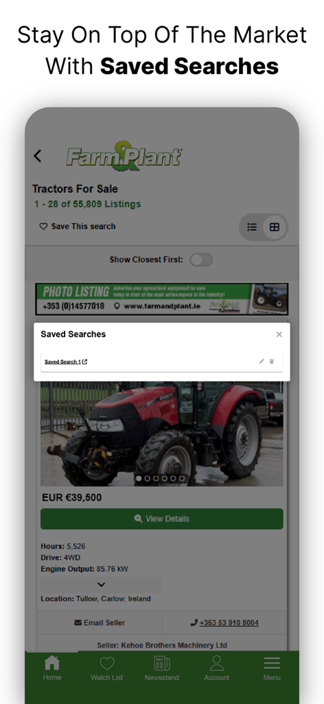 Farm And Plant - Captura de pantalla de la aplicación Farm and Plant que muestra la función de búsquedas guardadas sobre un anuncio de tractor