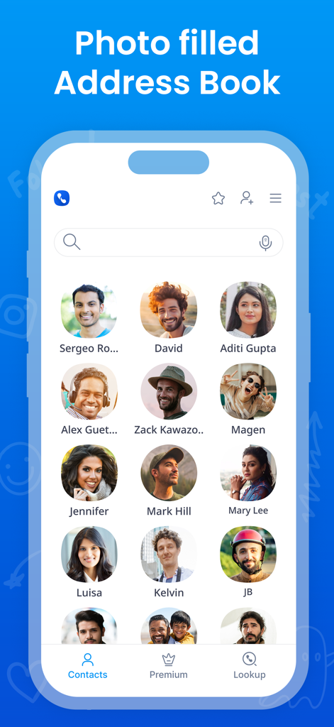 Screenshot of the Eyecon app showing a visual address book with contact photos in a grid layout