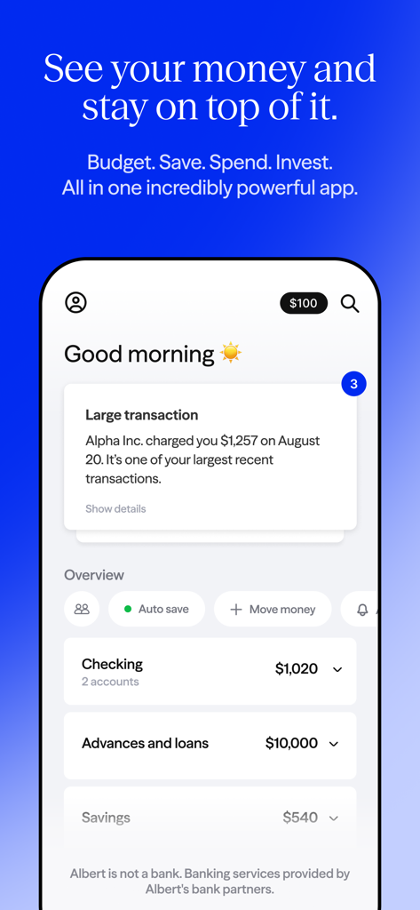 Dashboard dell'app mobile Albert che mostra i saldi del conto corrente e dei risparmi con avvisi finanziari
