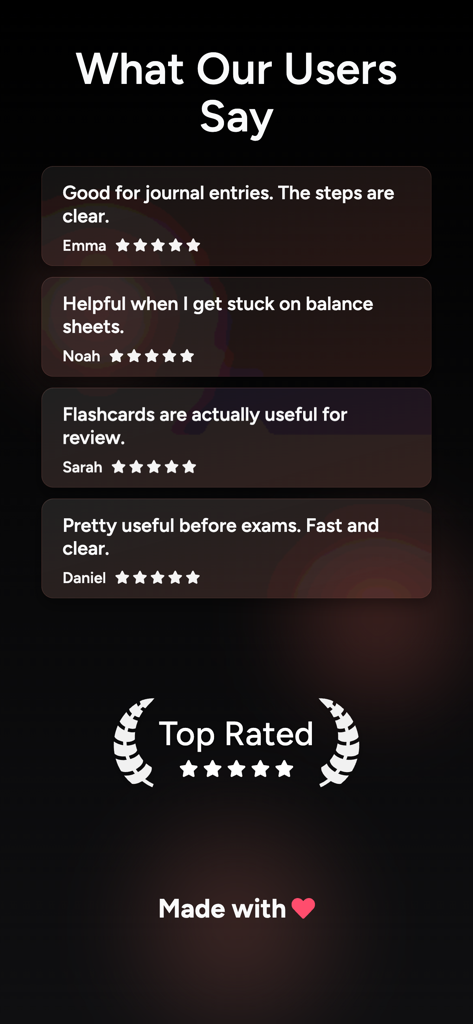 Accounting AI Solver Helper - Testimonios de usuarios y reseñas de cinco estrellas para la aplicación Solucionador IA de Contabilidad destacando características como asientos de diario y preparación de exámenes.