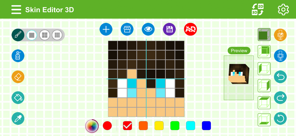Interface of the Skin Editor 3D app showing a pixel art grid for editing a character's head with a 3D preview on the side.