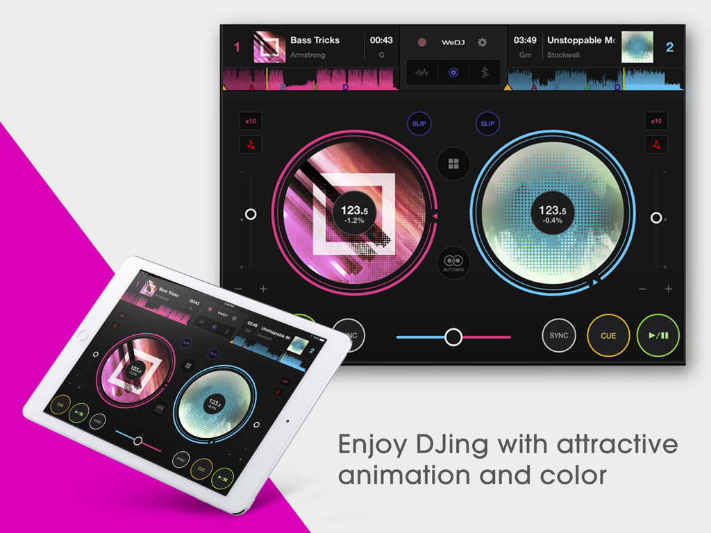 Colorful and intuitive WeDJ app interface for iPad featuring virtual jog wheels and music mixing tools