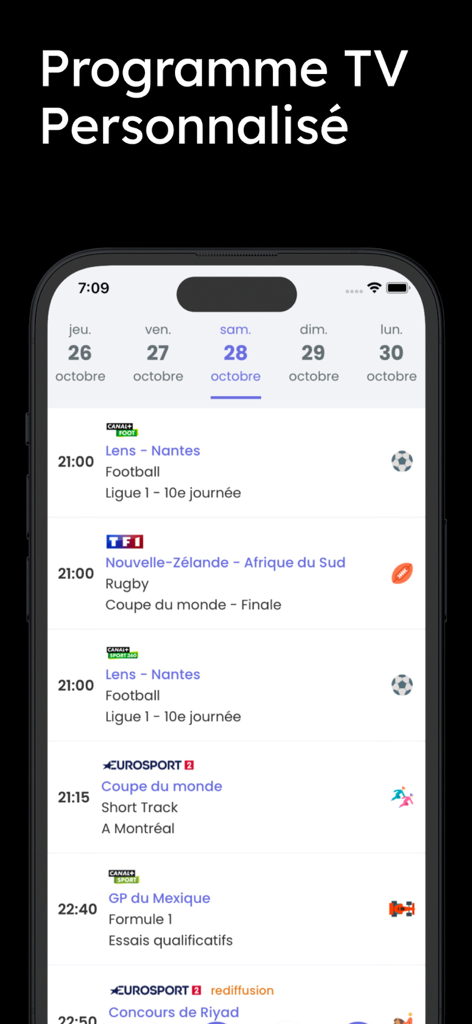 TV Sports - programme sportif - Calendrier sportif TV personnalisé affiché sur un appareil mobile