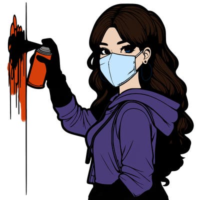 realistic girl with mask spray painting a wall