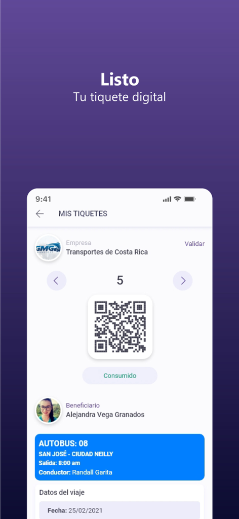 Passer Technologies - Tiquete de autobús digital que muestra los detalles del viaje y el código QR en la aplicación Passer Technologies