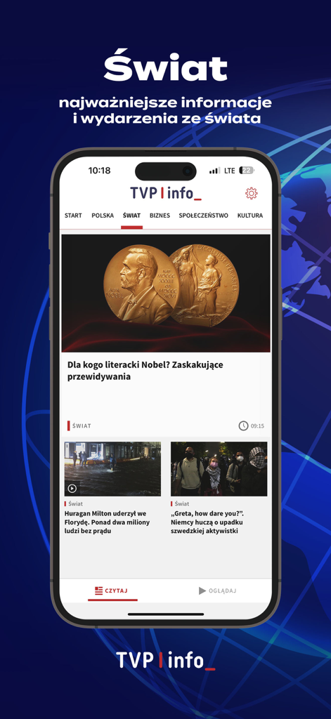 TVP Info - Smartphone interface of the TVP Info app displaying world news articles in Polish language