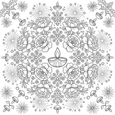Immerse yourself in the festive spirit with this exquisite peony mandala coloring page, artfully blended with traditional Diwali motifs. Discover a symmetrical design featuring lush flowers, twinkling fireworks, and sacred diyas, perfect for mindful coloring.