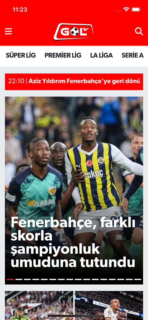 Gol TV - トルコサッカーニュースとスュペル・リグ、プレミア・リグなどのリーグカテゴリーを特集したGol TVアプリのメイン画面