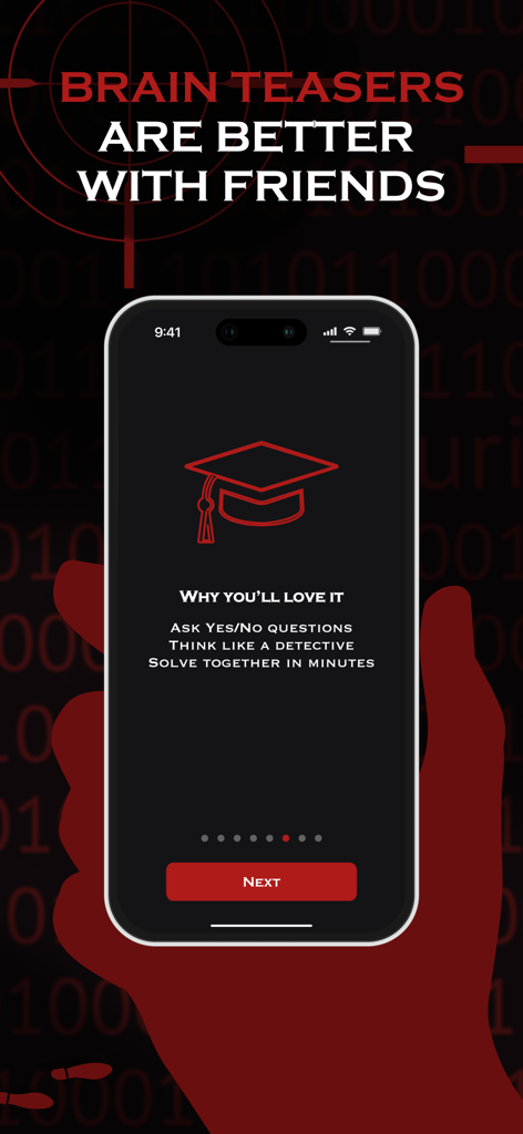 Écran d'application mobile montrant un gameplay de détective social et des casse-tête logiques