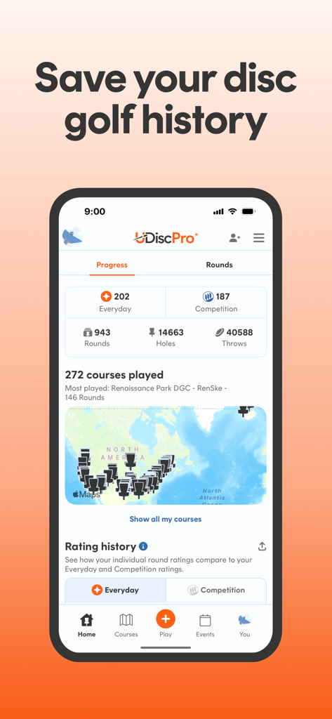 UDisc Disc Golf app interface showing user progress with statistics for rounds holes throws and a map of courses played