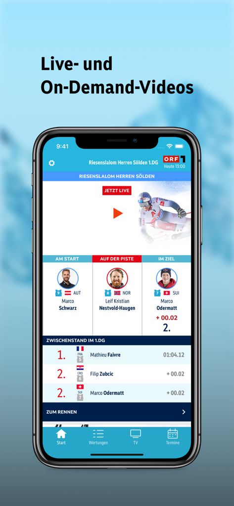 Live ski race standings and video streaming on the ORF Ski Alpin app interface