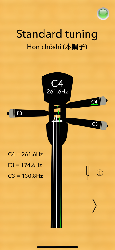 Sanshin Tuner Pro - 沖縄三線の標準本調子チューニングを表示する三線チューナーProアプリのインターフェース