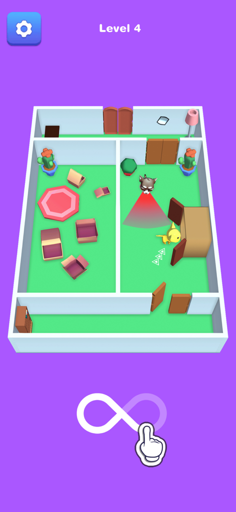 Cat Games - Animal Games - Yellow cat hiding from a security guard in a room level of Cat Escape game