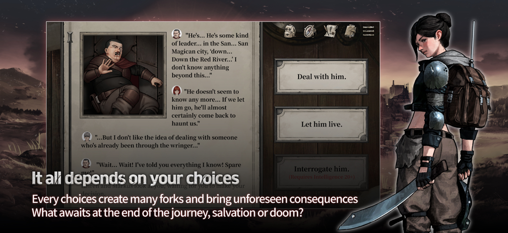 A text RPG gameplay scene from Shambles showing a dialogue interaction with multiple narrative choices and a post-apocalyptic survivor illustration