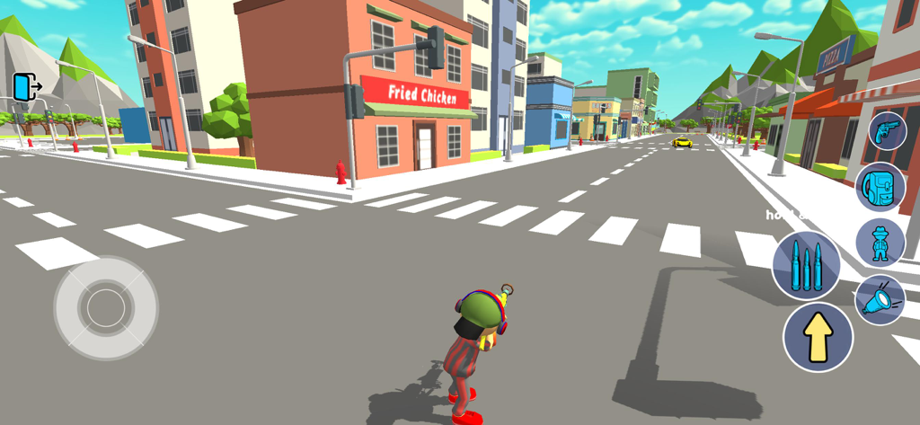 A third person gameplay screenshot of Grand City Auto Sandbox showing a character at a city intersection with low poly buildings and shops