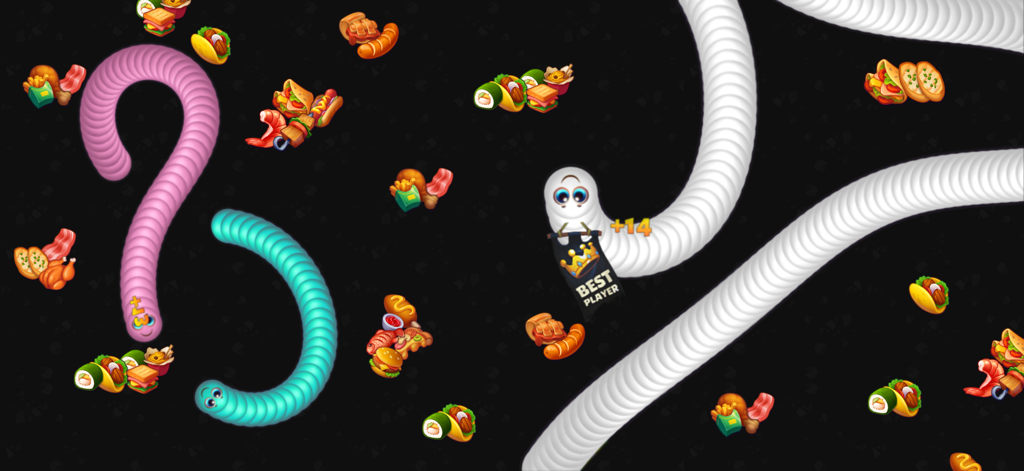 Snake Game - Worms io Zone - Colorful snakes competing to eat fast food items in Snake Game Worms io Zone gameplay.