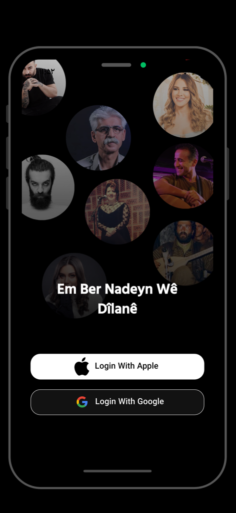 Dilan: Kurdish Music - Login screen of the Dilan Kurdish Music app featuring Kurdish artist portraits and social login options
