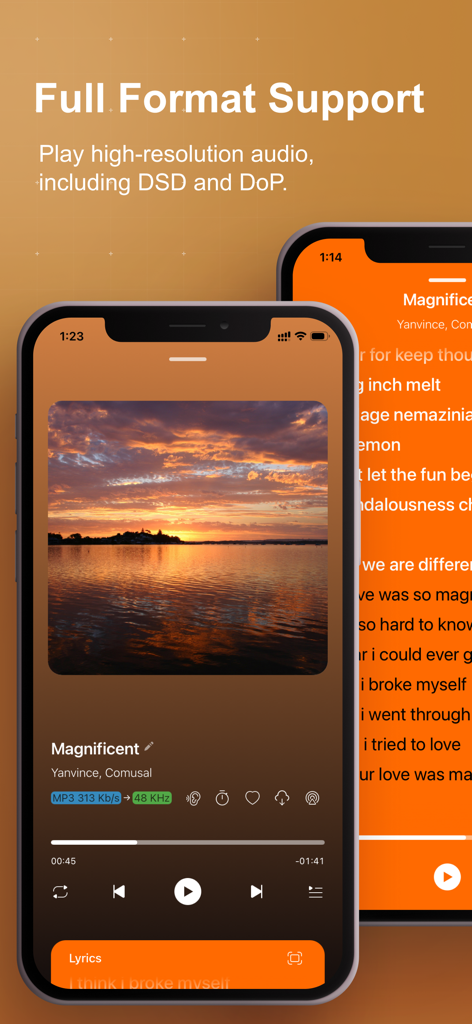 HiFier: HiFi Music Player - HiFier app interface displaying high resolution audio format support for DSD and DoP playback