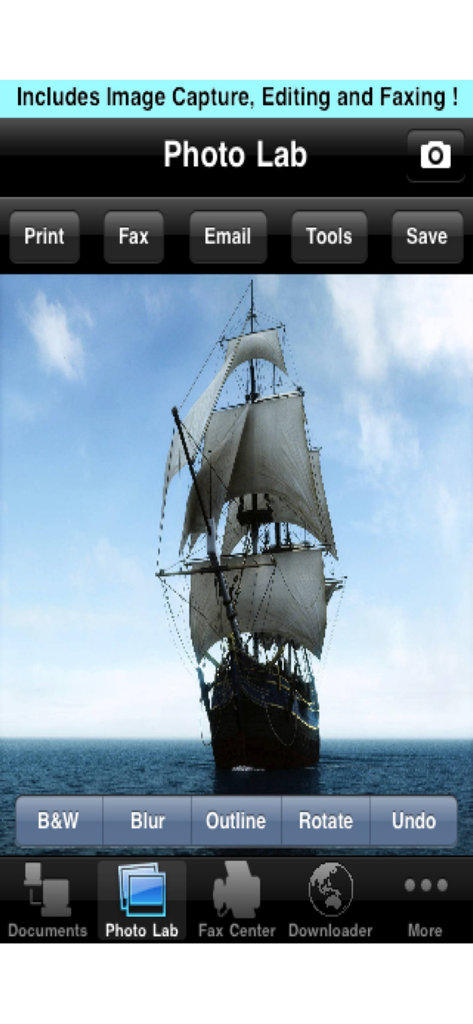 Fax Print Share - Fax Print ShareアプリのPhoto Lab機能のインターフェース。写真編集および共有ツールが表示されています。