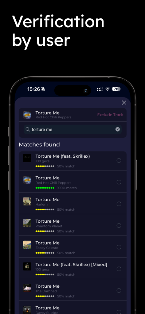 User verification screen in Swapy showing multiple song matches for music transfer