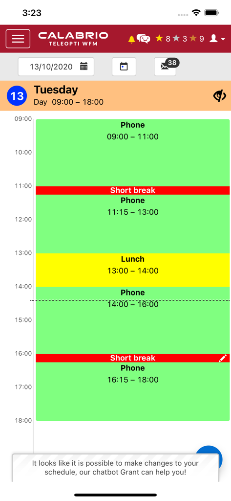 Daily work schedule display in the Calabrio WFM MyTime app showing hourly tasks and breaks.
