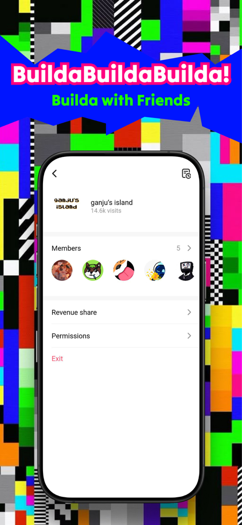 Builda: Create & Play Games - Buildaアプリのモバイルスクリーンショット。ゲームプロジェクトの詳細とソーシャルコラボレーションのためのコミュニティメンバーが表示されている