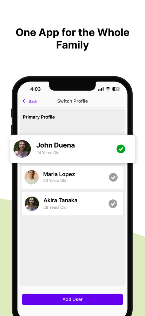 Pantalla de cambio de perfil para varios usuarios en la aplicación Gluco Buddy