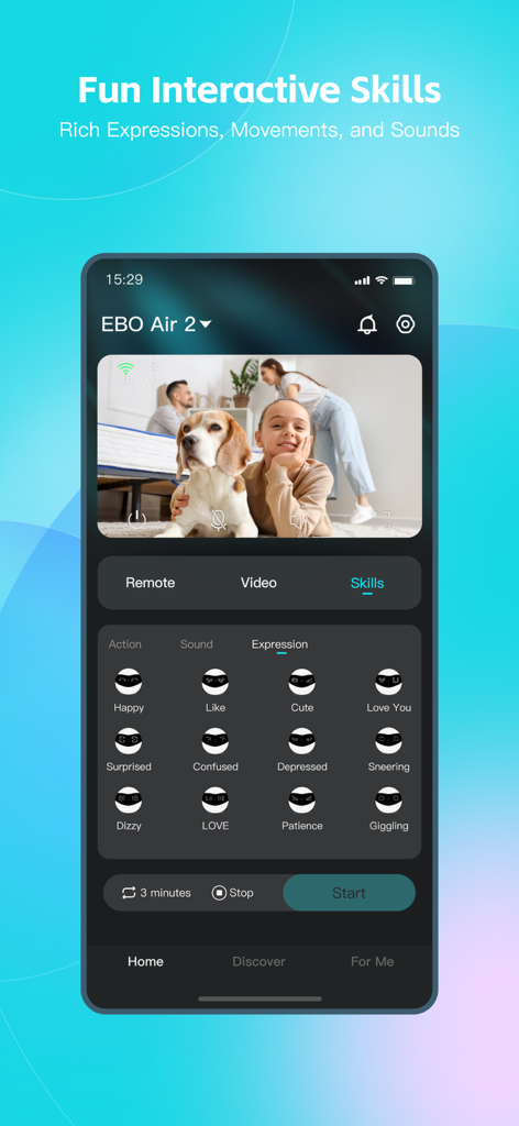 EBO HOME Robot - EBO HOME app showing interactive robot eye expressions and a live video of a girl and her dog.
