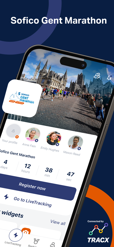 Écran d'accueil de l'application Sofico Gent Marathon montrant le compte à rebours de la course et les fonctionnalités de suivi en direct des athlètes
