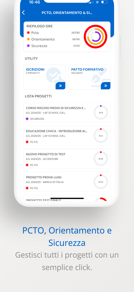 Lafschool - Dashboard dell'app Lafschool che mostra un riepilogo delle ore per PCTO e progetti studenteschi
