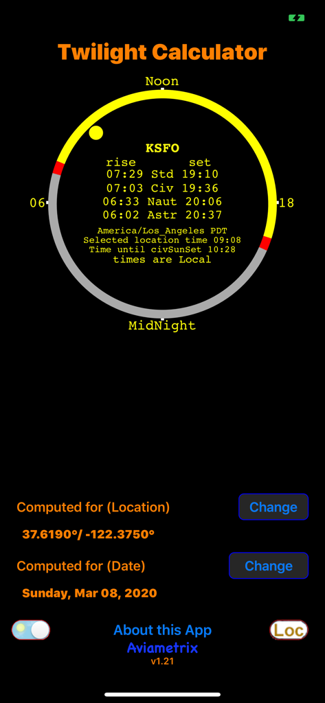 Civil Twilight Calculator app main screen displaying sunrise and sunset times for KSFO airport on a 24-hour circular dial.