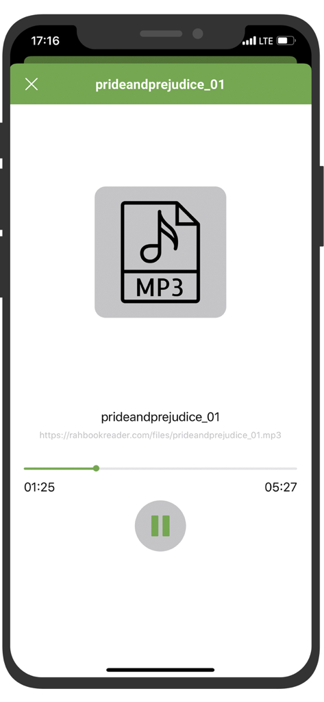 Rah Book Reader - Rah Book Readerアプリのインターフェイスで、MP3オーディオブックプレーヤーに「高慢と偏見」の再生コントロールが表示されています