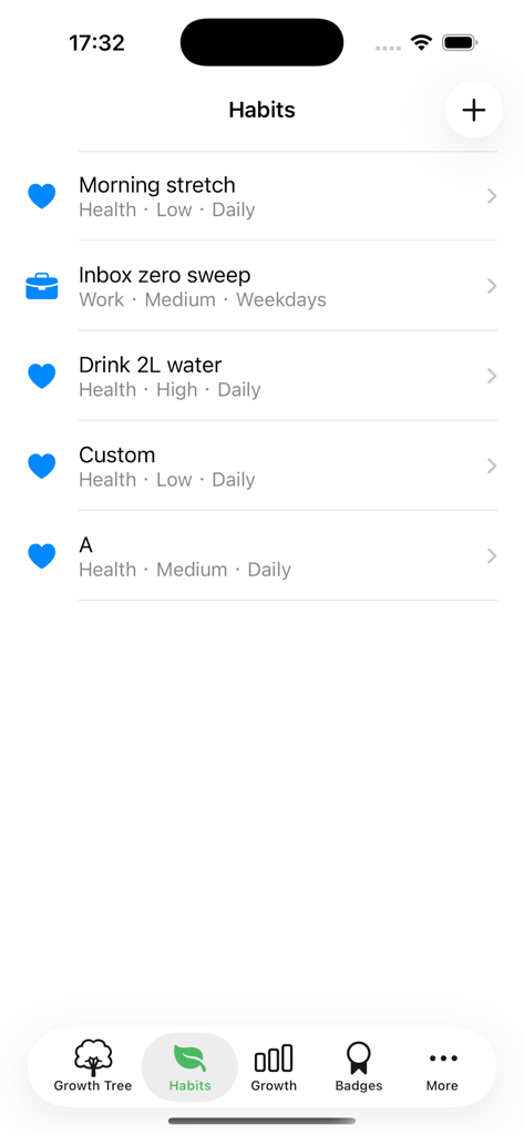 Growth Tree - A screen in the Growth Tree app showing a list of habits including morning stretch and drinking water.