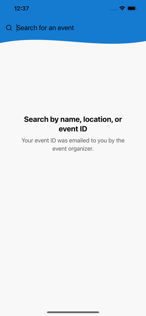 Search screen for finding events by name location or event ID in the Flywire Conference app
