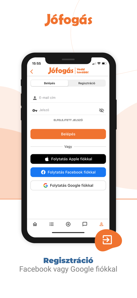 Jófogás - Facebook、Google、Appleのソーシャルサインインオプションを備えたJofogasアプリのログインおよび登録画面