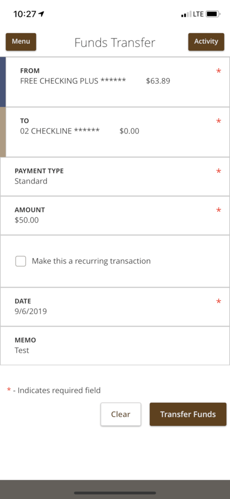BankWest SD Mobile Banking - BankWest mobile banking funds transfer interface showing account selection and payment details