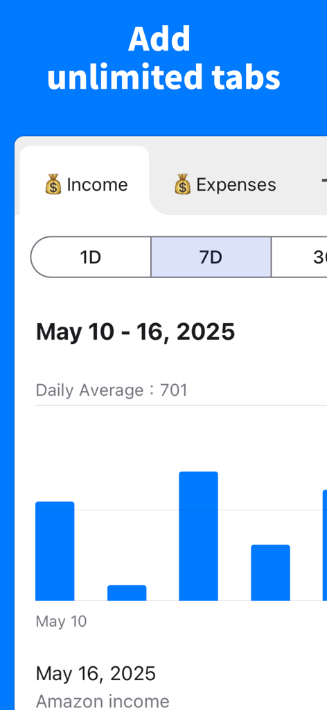 Graph Maker - Create a graph - Graph Maker app interface showing unlimited tabs for organizing data categories like income and expenses with a blue bar chart