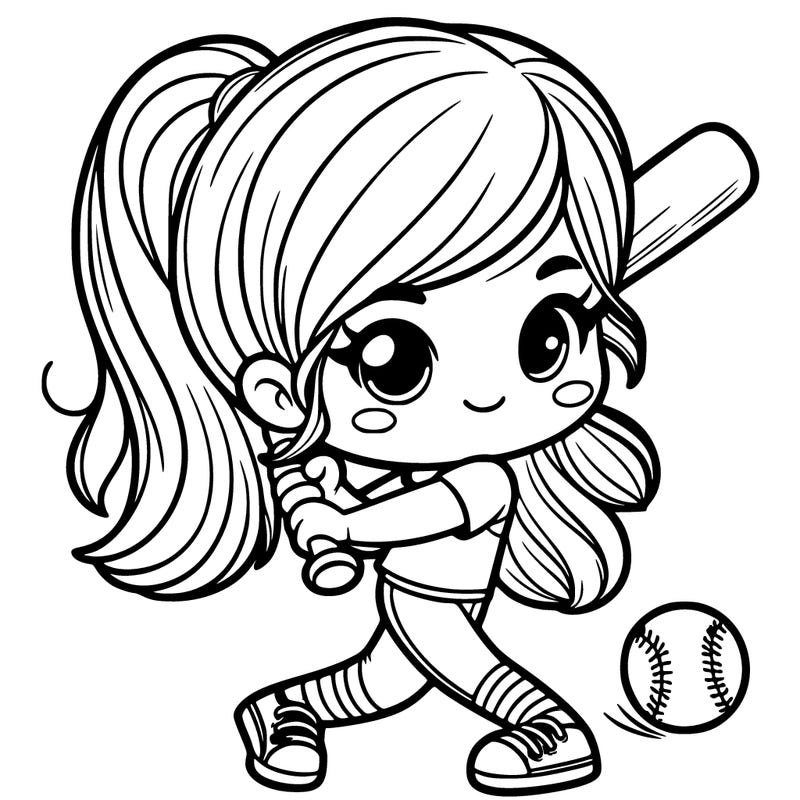 cute girl playing softball swinging a bat with her hair in a pony tail