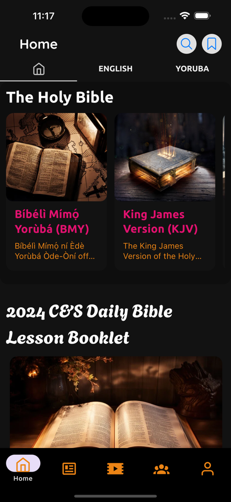 C&S Mobile - CS Mobile app home screen showing Bible versions and daily lessons