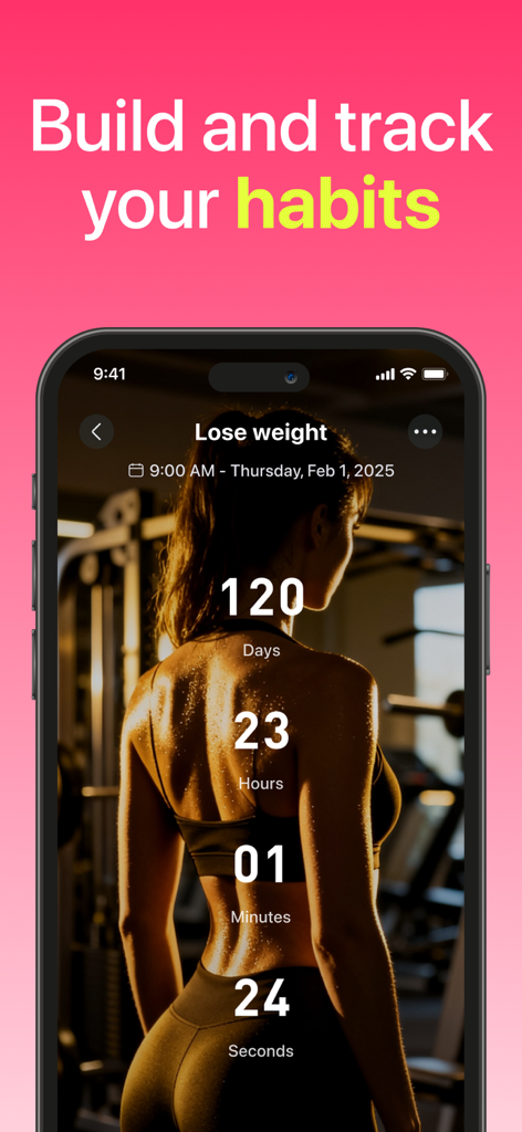 Countdown - Widget & Timer - Interfaz de aplicación móvil que muestra una cuenta regresiva de meta de acondicionamiento físico con un fondo de foto de gimnasio