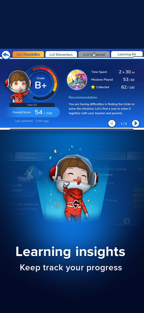 Coding Galaxy learning insights screen displaying student progress, grade, and missions completed