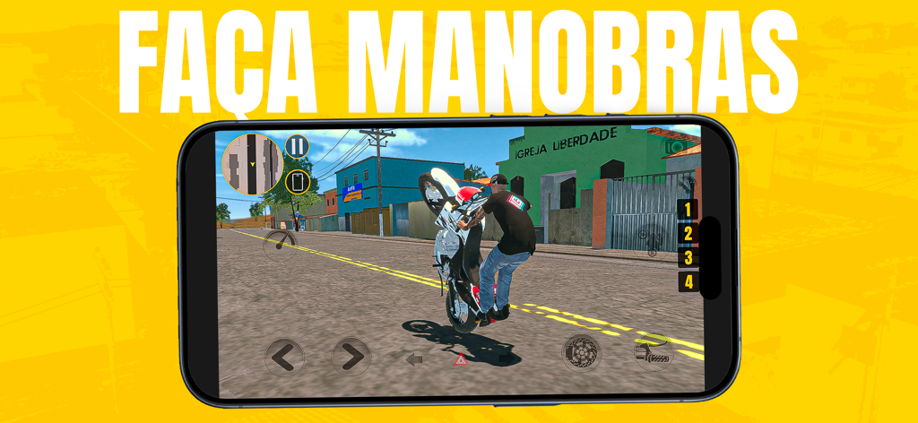 A player performing a wheelie stunt on a motorcycle in the Projeto Grau mobile game