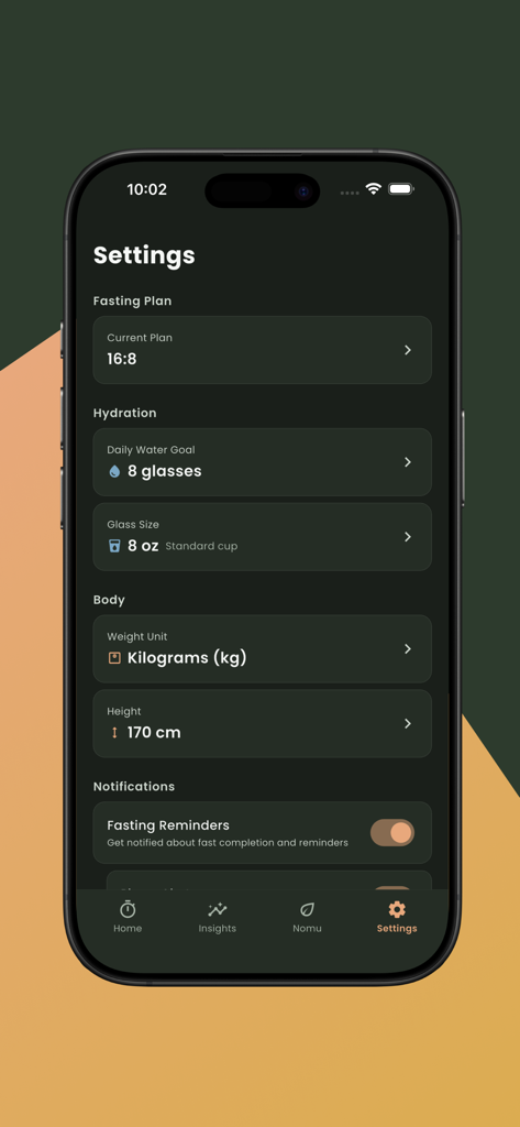 Nomu - Intermittent Fasting - Menú de configuración de la aplicación Nomu Intermittent Fasting que muestra el plan de ayuno, objetivos de hidratación y unidades de medida corporal