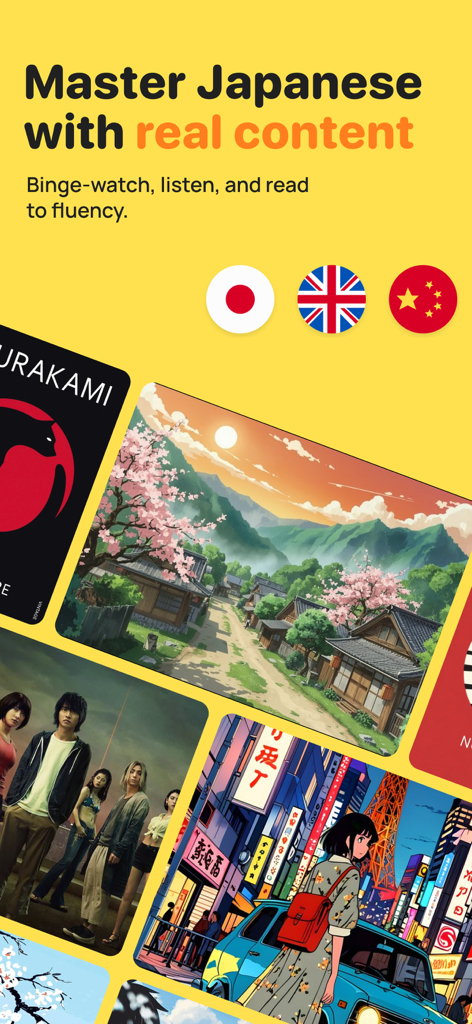 Sensei: Learn Japanese JLPT - Sensei-App-Oberfläche, die eine Medienbibliothek mit japanischem Anime und Büchern zur Sprachimmersion zeigt.