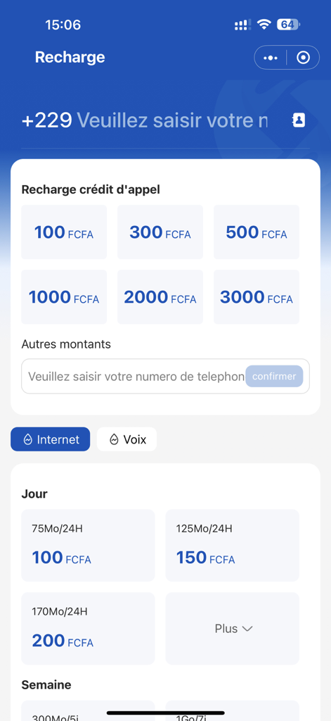 Moov Money Benin Pro mobile app interface for recharging airtime and purchasing internet data bundles.
