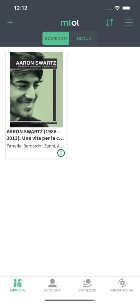 Interfaz de biblioteca de la aplicación MLOL Ebook Reader que muestra la portada de un ebook descargado