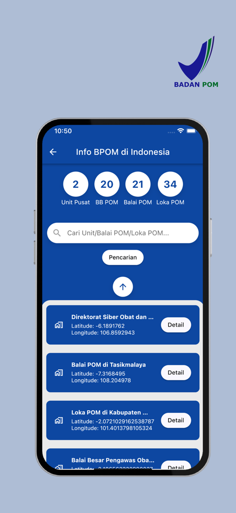 BPOMモバイルアプリのインターフェースに、検索機能と座標を備えたインドネシアの食品医薬品管理ユニットのリストが表示されています。