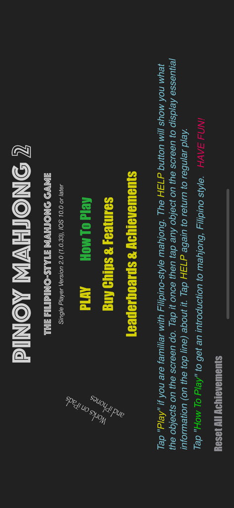 Main menu of the Pinoy Mahjong 2 app featuring game options and instructions