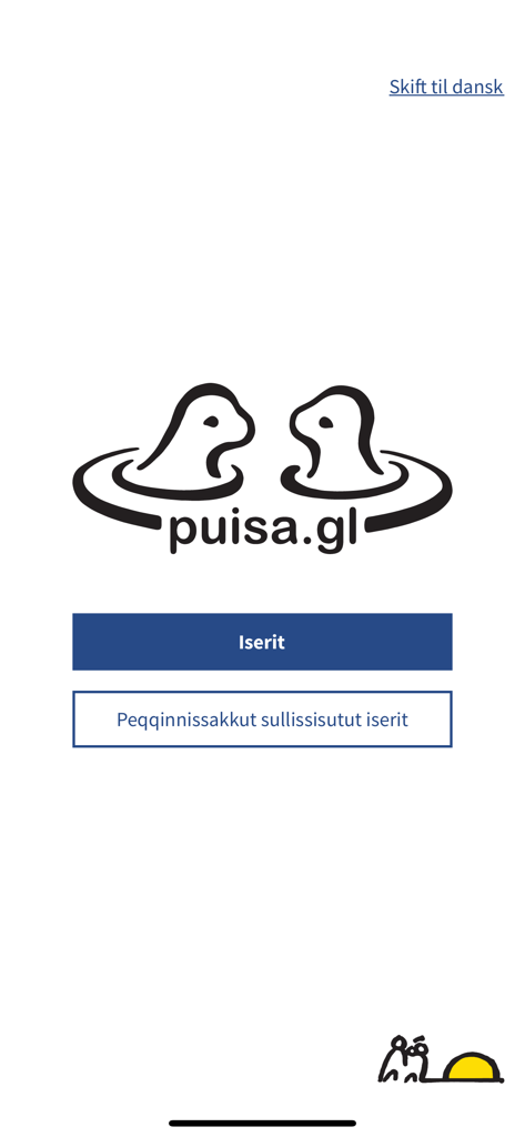 Login screen of the Puisa telehealth app with seal logo and Greenlandic language buttons