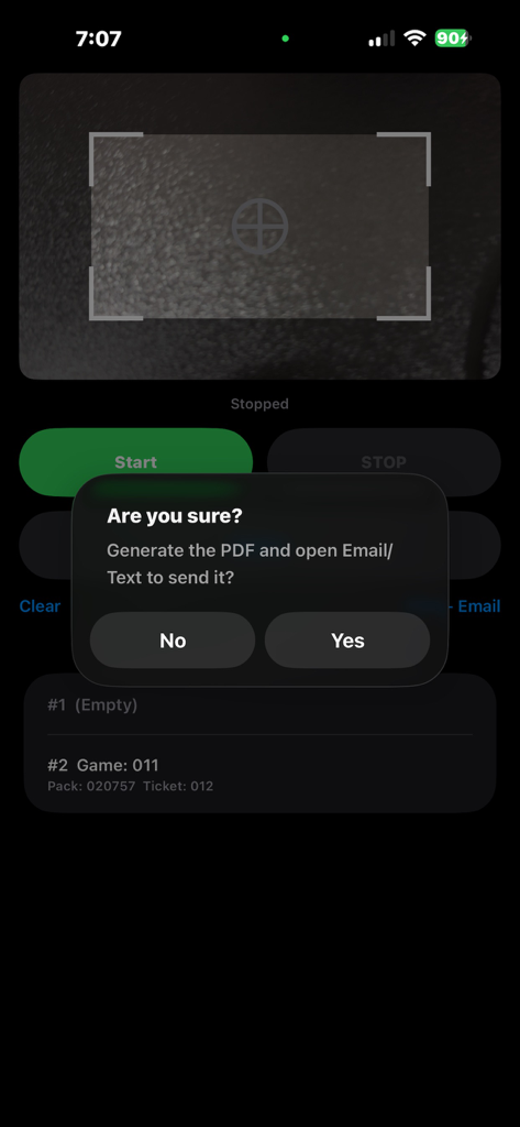A confirmation dialog in the ScanBuddyNC app asking the user to generate a PDF and open email or text to send it.
